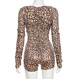 Leopard Print Round Neck Zipper Long Sleeve Pleated Shorts Jumpsuit RS-J25RP259