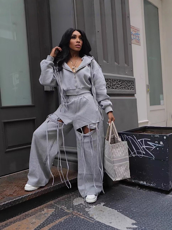 Loose Ripped Wide-leg Pants Hooded Zipper Jacket Set RC-3364