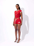 Red Slimming Retro Spice Girl Letter Print Short-sleeved Top Shorts Set XS-K25L1141