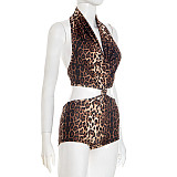 Leopard Halter Drape Collar Back Bandage Short Jumpsuit RS-J25RP214