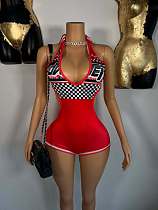 Women's Lace-up Neck Retro Checkered Print Deep V Jumpsuit Backless XS-K25L991 Women's Lace-up Neck Retro Checkered Print Deep V Jumpsuit Backless XS-K25L991
