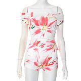 Summer Floral Print Off Shoulder Pleated Wrap Hip Shorts Suit RS-C25ST189