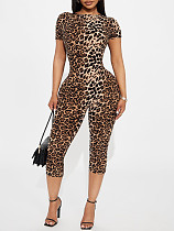 Leopard Short Sleeved Backless Fit Knee-Length Jumpsuits XS-K25L721