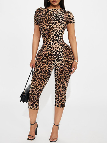 Leopard Short Sleeved Backless Fit Knee-Length Jumpsuits XS-K25L721