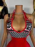 Women's Lace-up Neck Retro Checkered Print Deep V Jumpsuit Backless XS-K25L991