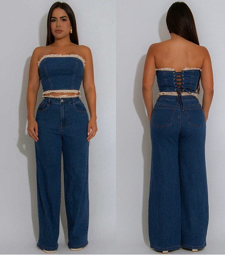 Back Bandage Strapless Wrap Bra Wide-leg Hem Denim Set RC-3361