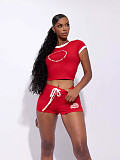 Red Slimming Retro Spice Girl Letter Print Short-sleeved Top Shorts Set XS-K25L1141