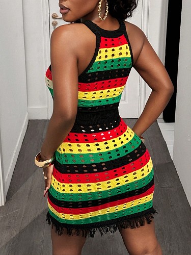Striped Cut-out Drawstring Tassel Short Skirt Dress For Women XS-K25L1037