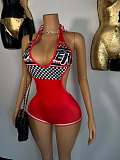 Women's Lace-up Neck Retro Checkered Print Deep V Jumpsuit Backless XS-K25L991