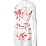 Summer Floral Print Off Shoulder Pleated Wrap Hip Shorts Suit RS-C25ST189