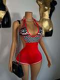 Women's Lace-up Neck Retro Checkered Print Deep V Jumpsuit Backless XS-K25L991