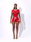 Red Slimming Retro Spice Girl Letter Print Short-sleeved Top Shorts Set XS-K25L1141