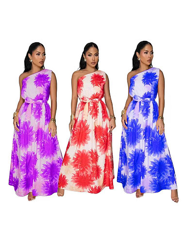 Elegant Comfortable Seaside Vacation Dress Flower Printed Off Shoulder RC-3366