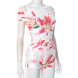 Summer Floral Print Off Shoulder Pleated Wrap Hip Shorts Suit RS-C25ST189