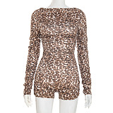 Leopard Print Round Neck Zipper Long Sleeve Pleated Shorts Jumpsuit RS-J25RP259
