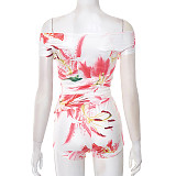 Summer Floral Print Off Shoulder Pleated Wrap Hip Shorts Suit RS-C25ST189