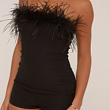 Ostrich Wool Strapless Patchwork Black Backless Slim Short Jumpsuit RS-J25RP258