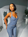 Sexy Stretchy Short Halter Top Slim Knee-length Pants Set XS-K25L1144
