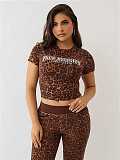 Brown Leopard Print Women Short Sleeve Top Flared Pants Two-piece Set MJL-HH001