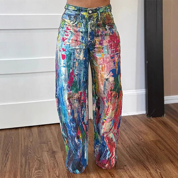 Casual Straight Leg Pants Painted Elastic Denim Trousers SMJR-8020