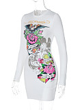 Long Sleeve Slim Round Neck Cinched Waist Mini Dress QYU-0613