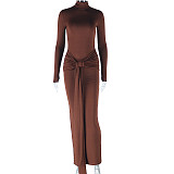 Solid Round Neck Tie Flowing Ribbon Long Sleeve Dress JY-300065