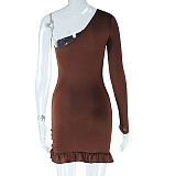 Single Shoulder Slant Neck Tight Dress Solid Long Sleeve Ruffled JY-299859
