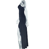 Solid Slanted Collar Revealing Shoulder Sleeveless Slit Long Dress JY-301590