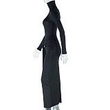 Solid Round Neck Tie Flowing Ribbon Long Sleeve Dress JY-300065
