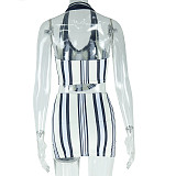 Sleeveless Halter Bra Top With Padded Striped Contrasting Form Fitting Skirt Set JY-711632