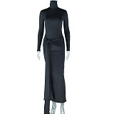 Solid Round Neck Tie Flowing Ribbon Long Sleeve Dress JY-300065