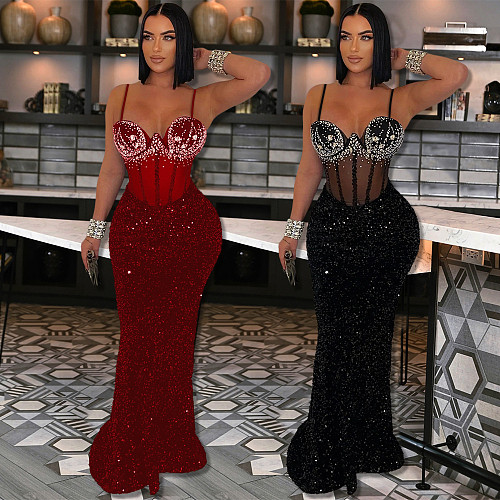 Sequins Party Rhinestone Halter Dress Long For Women CY-901592