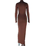 Solid Round Neck Tie Flowing Ribbon Long Sleeve Dress JY-300065