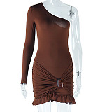 Single Shoulder Slant Neck Tight Dress Solid Long Sleeve Ruffled JY-299859