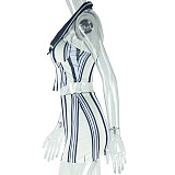 Sleeveless Halter Bra Top With Padded Striped Contrasting Form Fitting Skirt Set JY-711632
