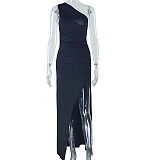 Solid Slanted Collar Revealing Shoulder Sleeveless Slit Long Dress JY-301590