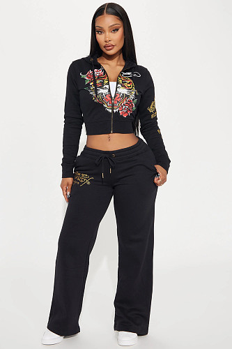 2025 Zipper Short Hoodied Print Women's clothing Set QYU-08201