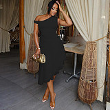 Slanted Collar Revealing Shoulder Sleeveless Irregular White Knee Length Dress JY-300765