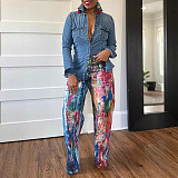 Casual Straight Leg Pants Painted Elastic Denim Trousers SMJR-8020