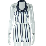 Sleeveless Halter Bra Top With Padded Striped Contrasting Form Fitting Skirt Set JY-711632