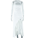 Solid Slanted Collar Revealing Shoulder Sleeveless Slit Long Dress JY-301590