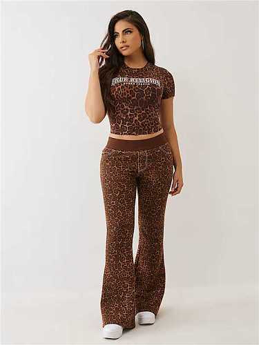 Brown Leopard Print Women Short Sleeve Top Flared Pants Two-piece Set MJL-HH001