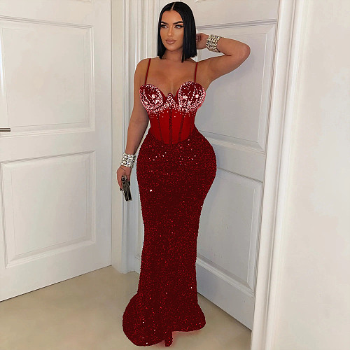 Sequins Party Rhinestone Halter Dress Long For Women CY-901592