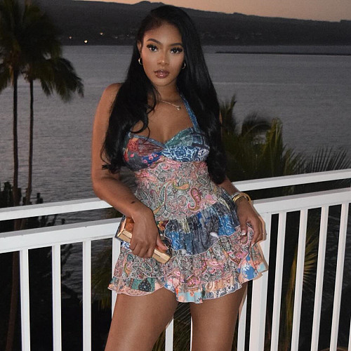 Ruffled Strapless Backless Short Dresses Casual Vacation Women's Mini A-line Dress JY-302361