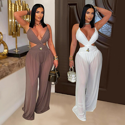 V-neck Tie Backless See-through Sexy Jumpsuit For Women's Trousers CYA-901980