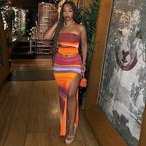 Gradient Color Print Sleeveless Strapless Wrap-hugging Skirt Set JY-711652