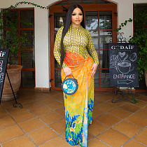 Slimming Pleated Round Neck Long-sleeved Slit Trendy Dress JY-303233