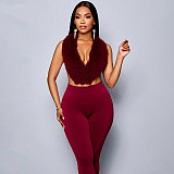 Fur Halter Neck Backless Lace-up Tight Trousers Set DZHT-C25ST141