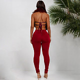 Fur Halter Neck Backless Lace-up Tight Trousers Set DZHT-C25ST141