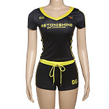 Printed V-neck Short Sleeve Skinny Shorts Set ZJQD-K25S62488